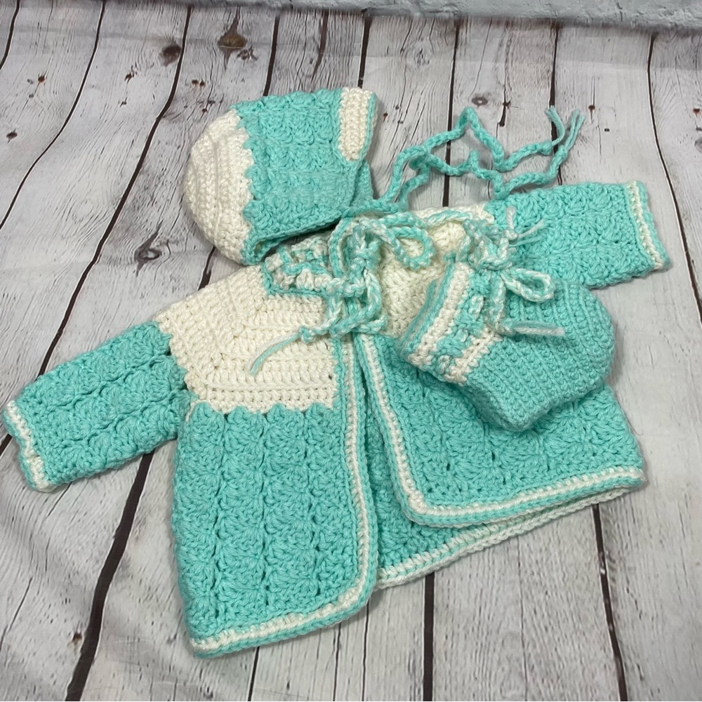 Handmade Crochet Sweater Booties And Bonnet Baby Set Size Newborn-3M